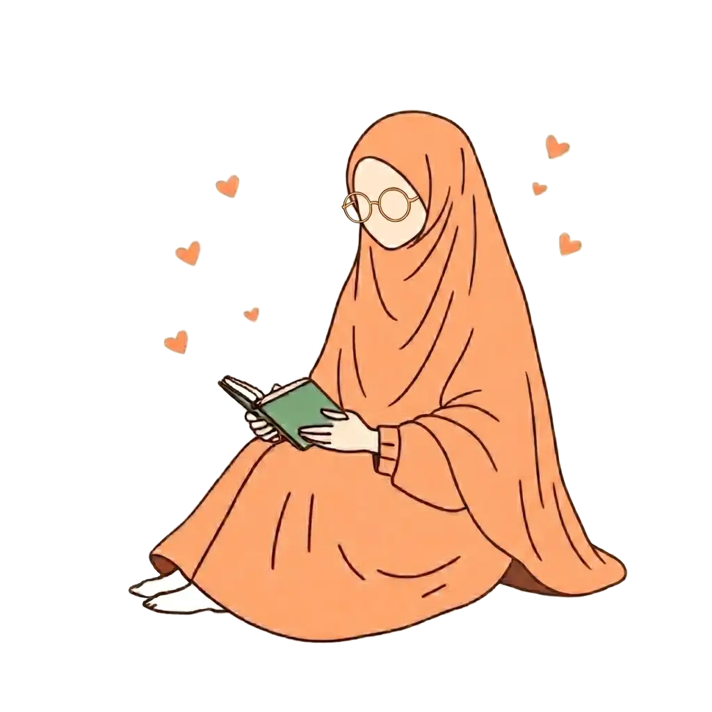 Ilustrasi doodle Ummu Balqis duduk membaca buku